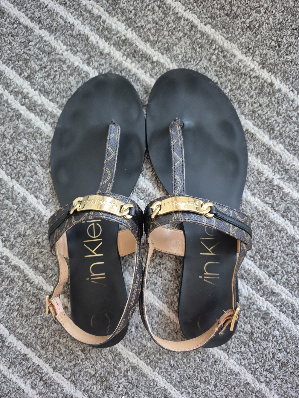 Calvin Klein T-Strap Sandals with Gold Hardware